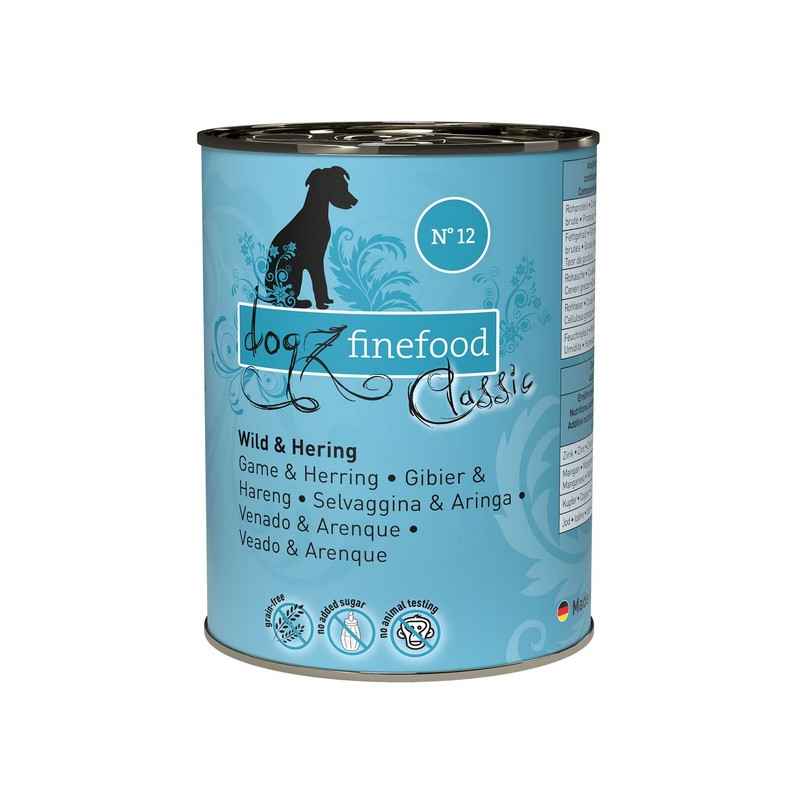 Dogz Finefood Classic N.12 Dziczyzna i śledź puszka 400g