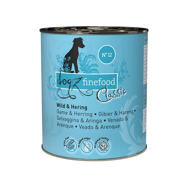 Dogz Finefood Classic N.12 Dziczyzna i śledź puszka 800g